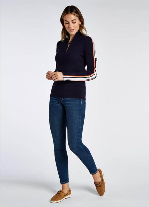 Glendine Jumper – Navy with orange stripe