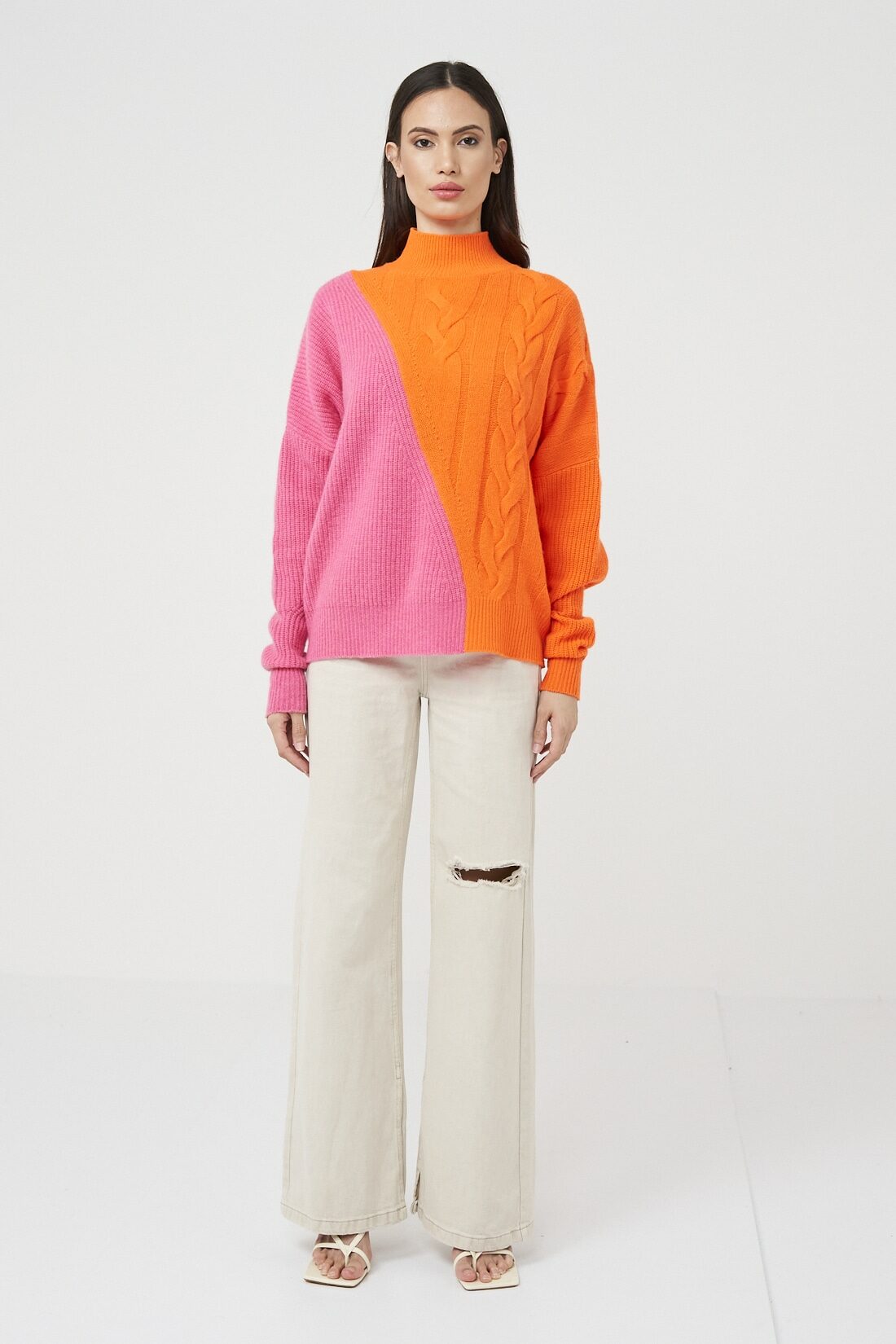 Sophia Cable Funnel Neck Jumper in Magenta and Neon Orange