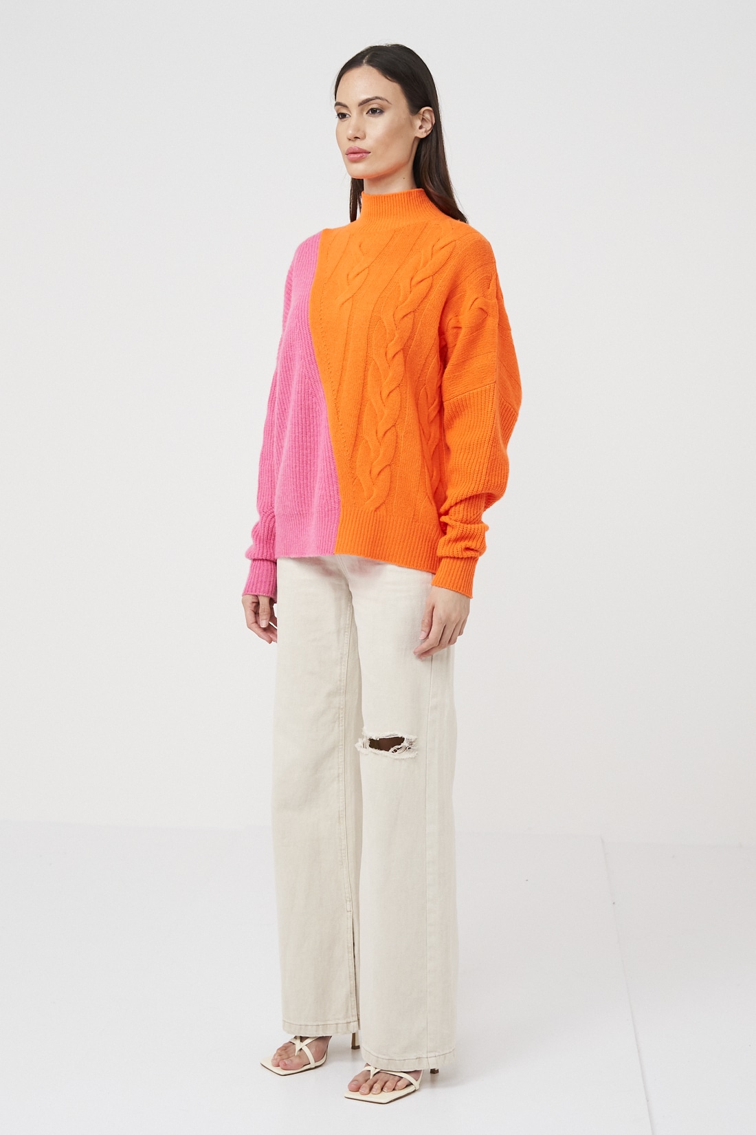 Sophia Cable Funnel Neck Jumper in Magenta and Neon Orange