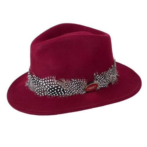 Suffolk Fedora in Maroon (Guinea Feather Wrap)