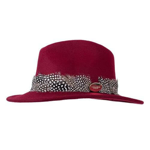 Suffolk Fedora in Maroon (Guinea Feather Wrap)