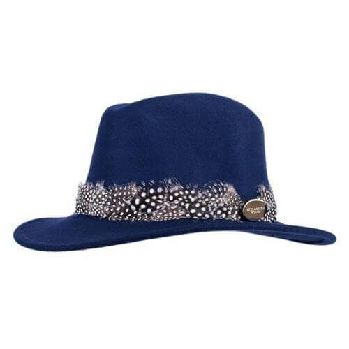 Suffolk Fedora in Navy Guinea Feather Wrap