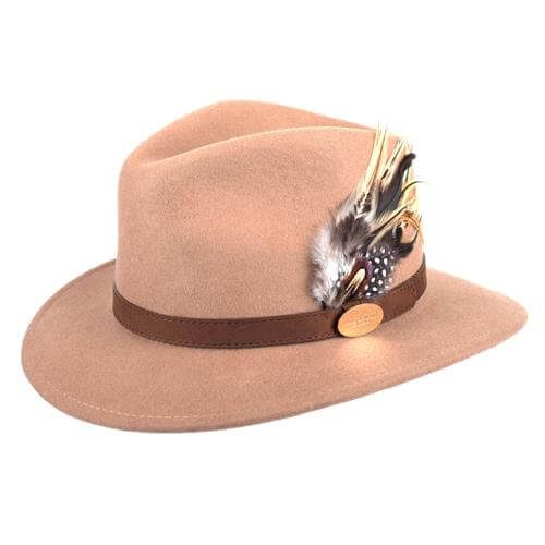 Suffolk Fedora in Camel (Guinea & Pheasant Feather)