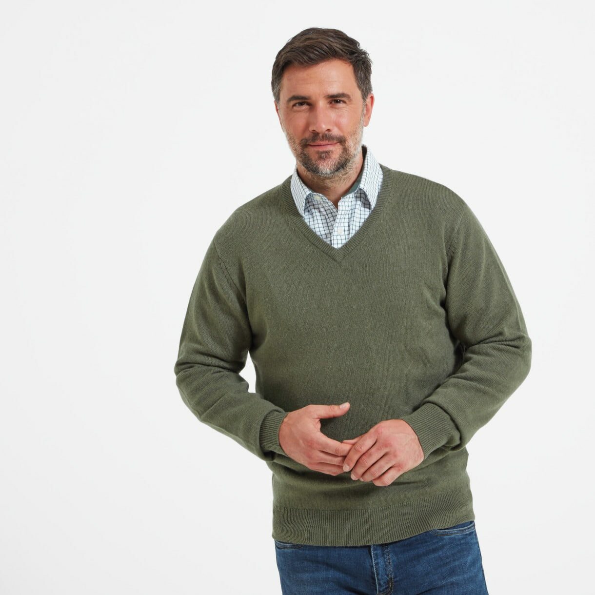 LAMBSWOOL V NECK JUMPER – MOSS