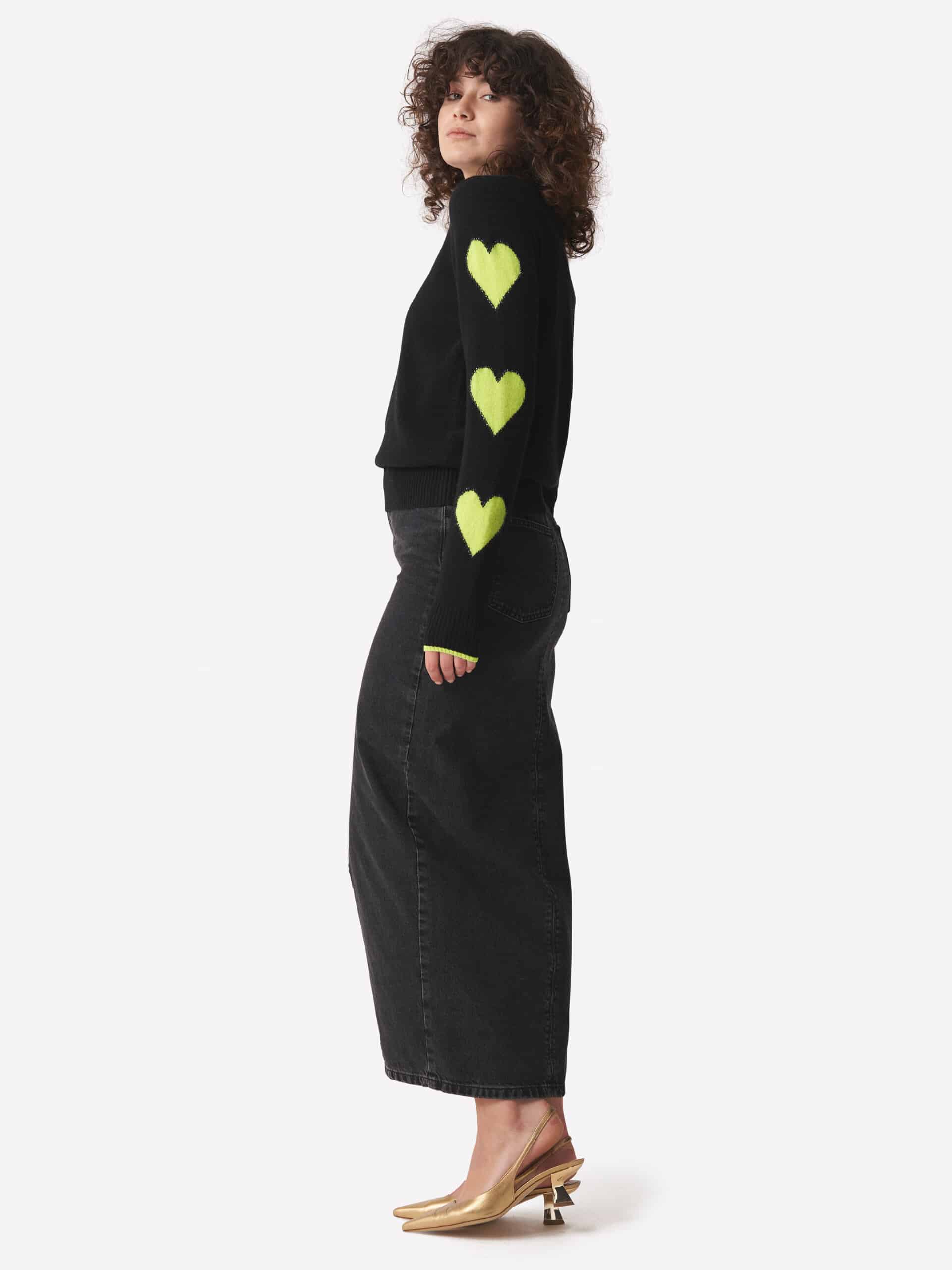 Brodie Cashmere Pixel Heart Sleeve Crew Neck Jumper in Black / Yellow