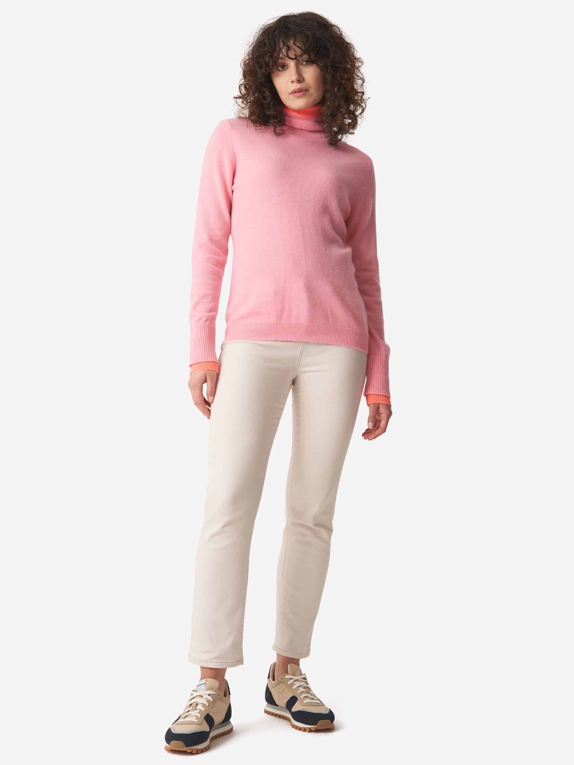 Brodie Cashmere Contrast Roll Neck – Bubblegum Pink and Orange