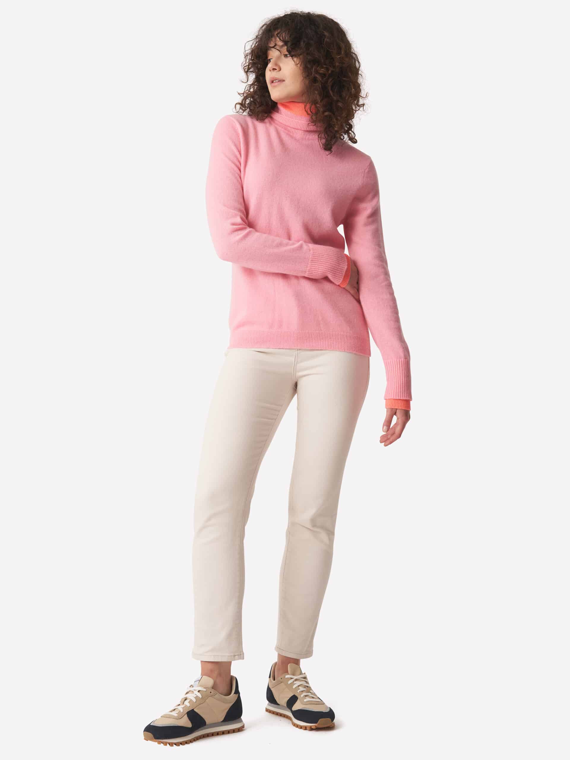 Brodie Cashmere Contrast Roll Neck – Bubblegum Pink and Orange