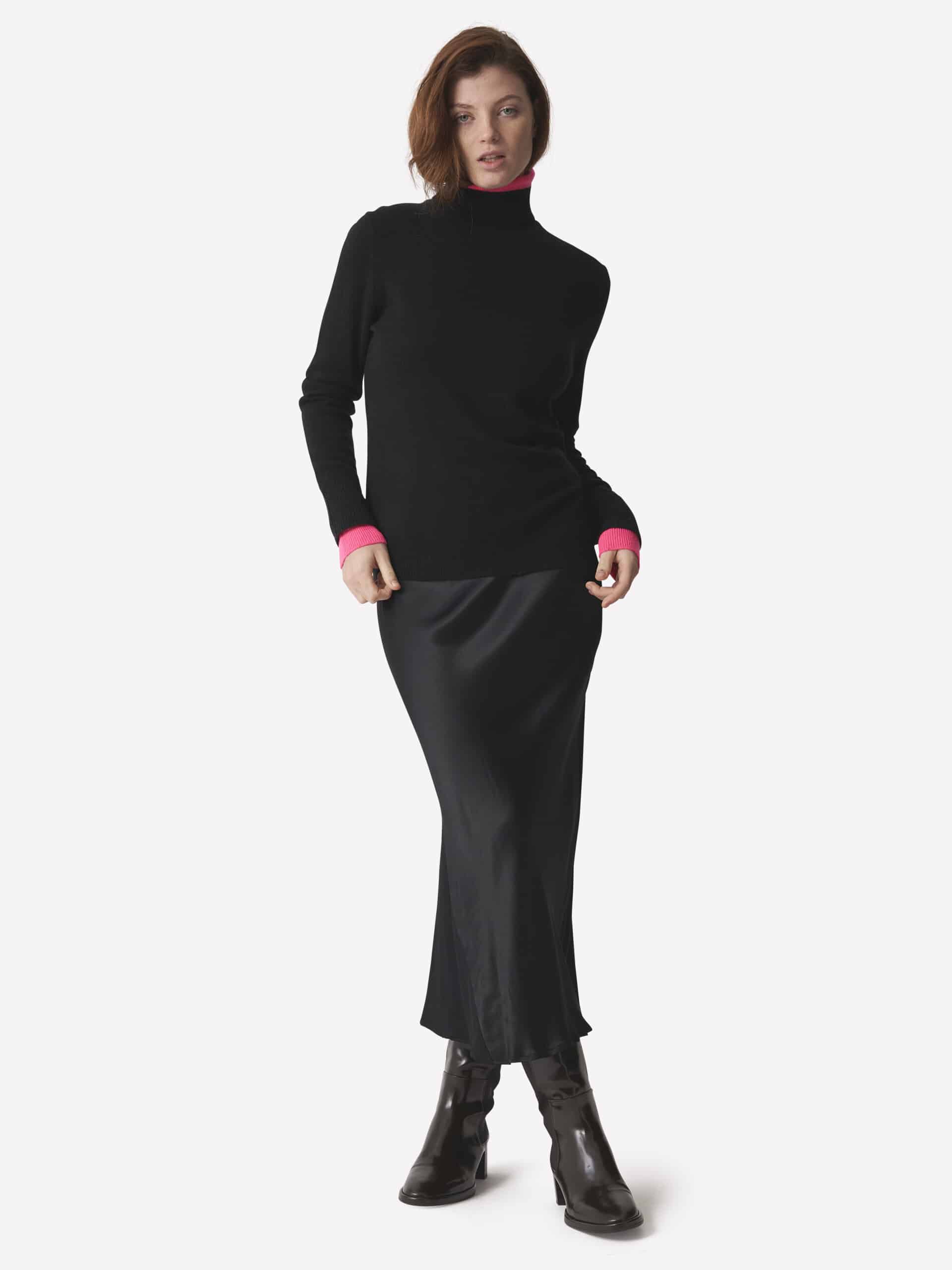 Brodie Cashmere Contrast Roll Neck – Black and Neon Pink