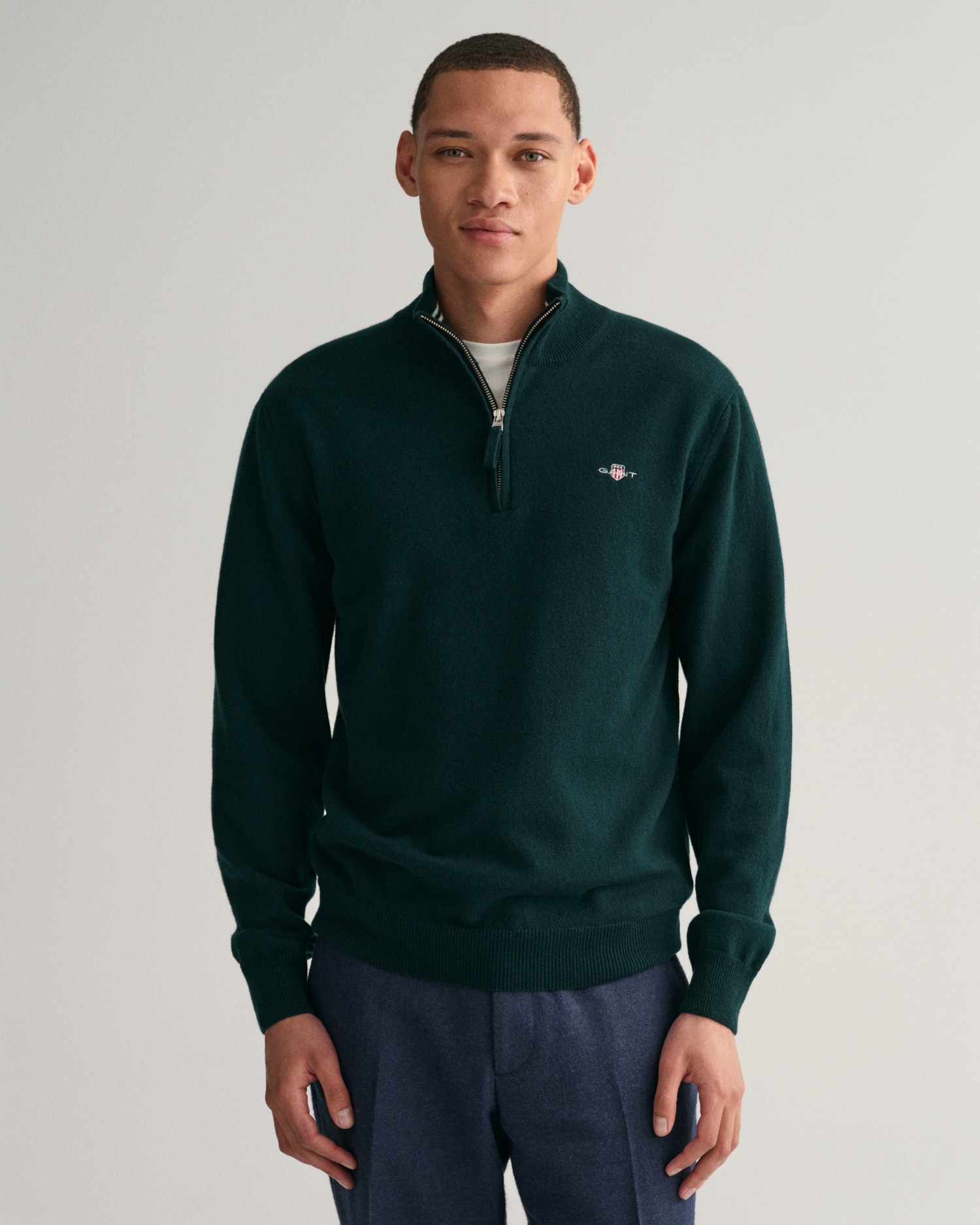 Gant Superfine Lambswool Half-Zip Sweater in Tartan Green