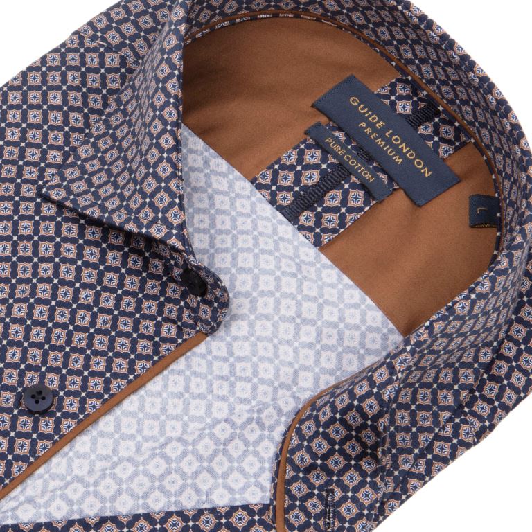 GEOMETRIC PATTERN LONG SLEEVE COTTON SHIRT – NAVY/ TAN