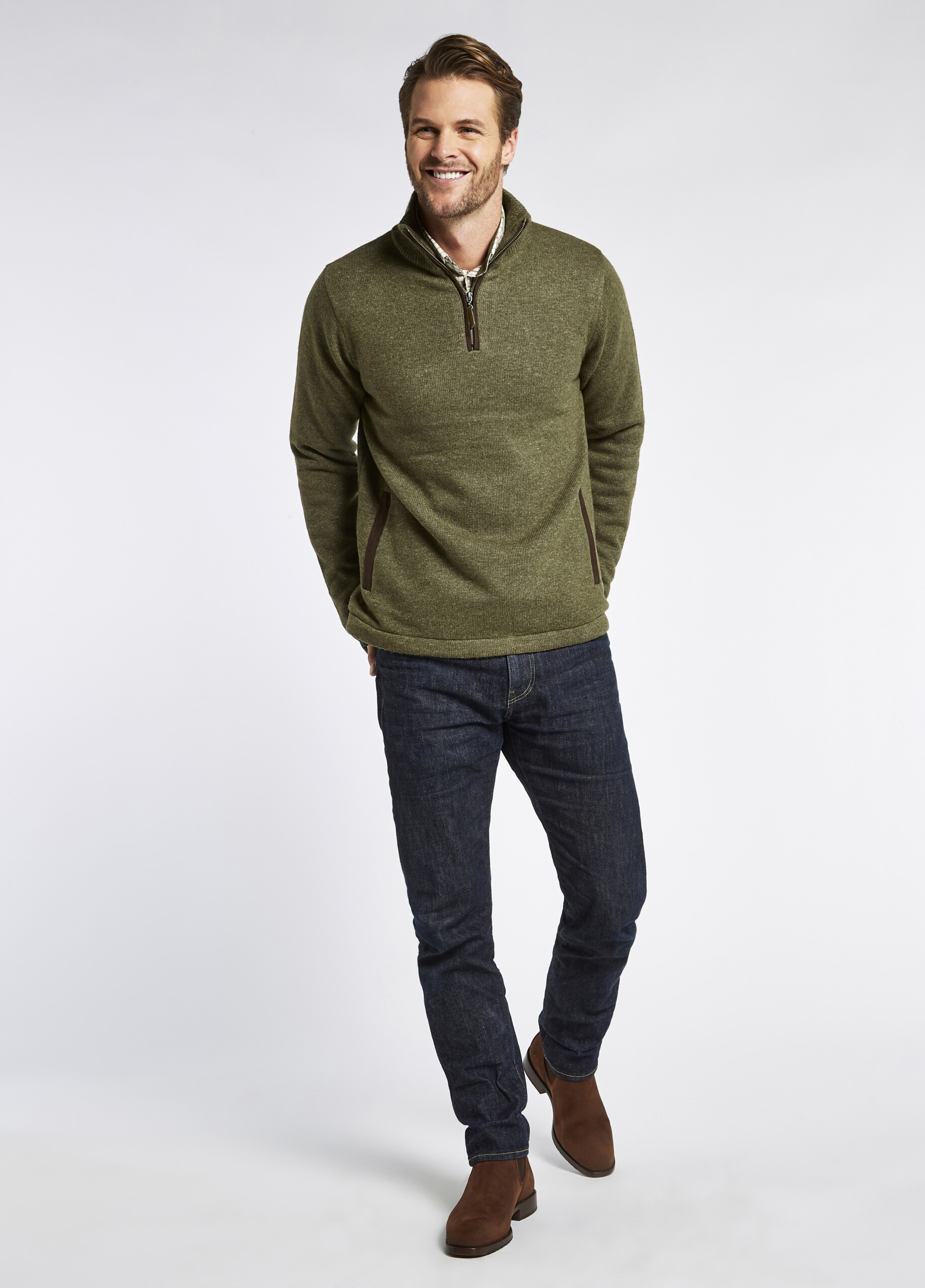 Feeney Zip Neck Sweater – Dusky Green – Size XL
