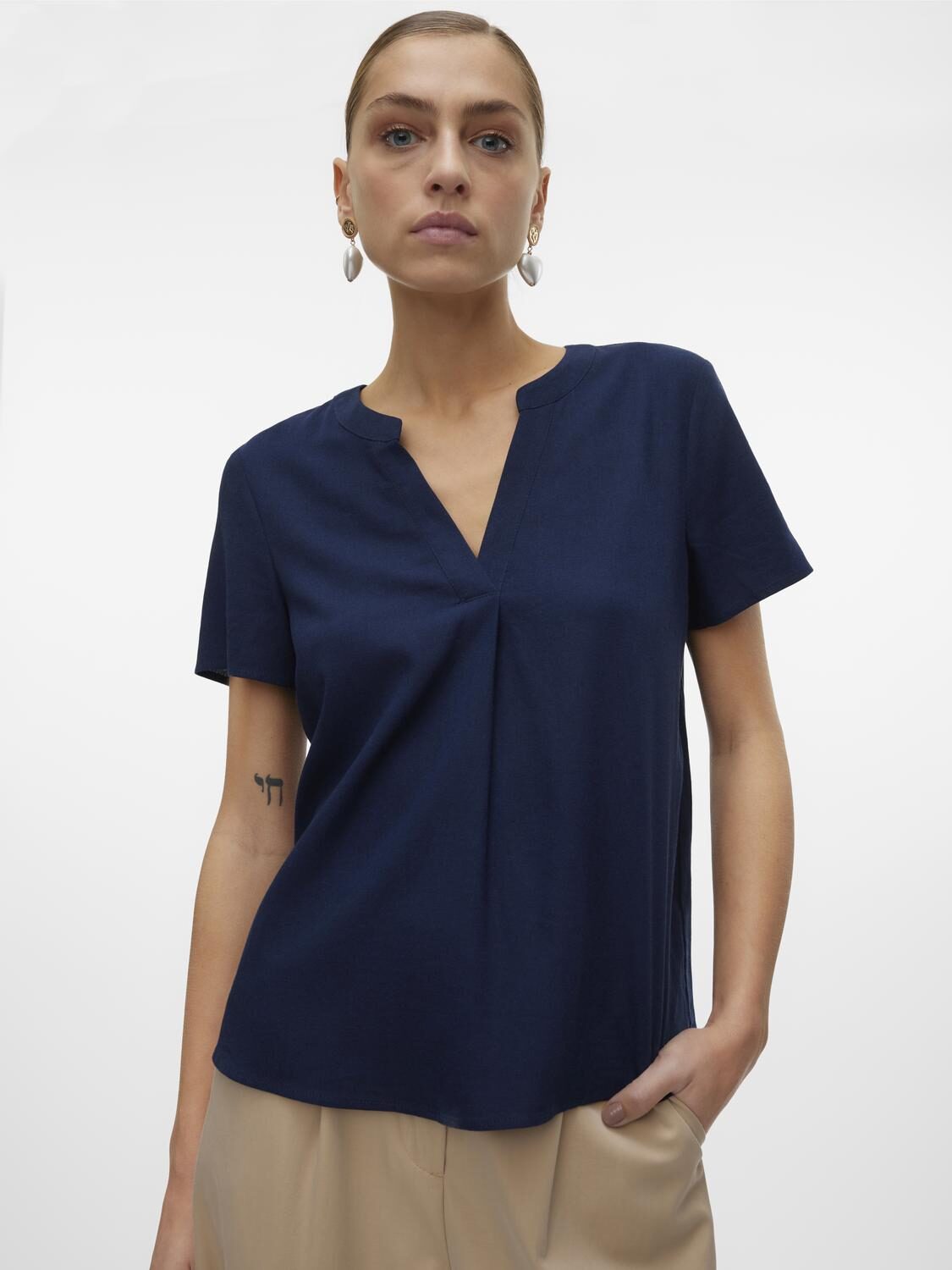 Mymilo V-Neck Blouse Top – Navy Blazer