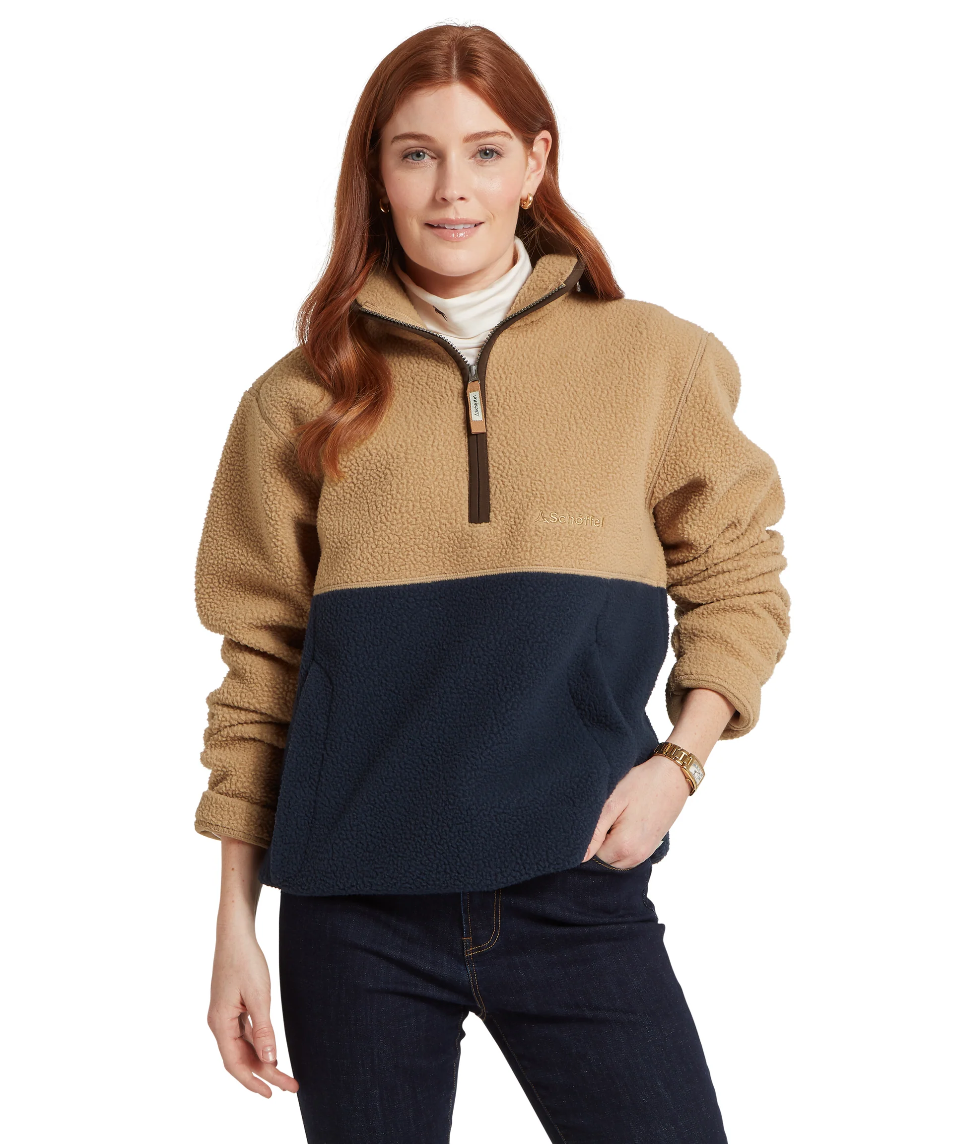 Berkeley Unisex Retro 1/4 Zip Fleece – Tan/Navy